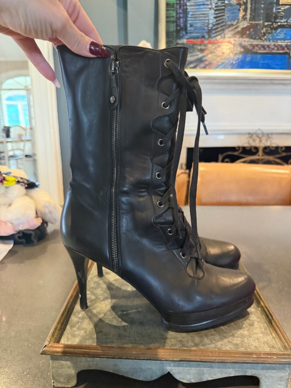 Stuart Weitzman Black Lace-Up Leather High Heel Ankle Boots
